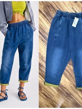 JADED GYPSY Harem-Style Dark Denim Joggers with Olive Cuff